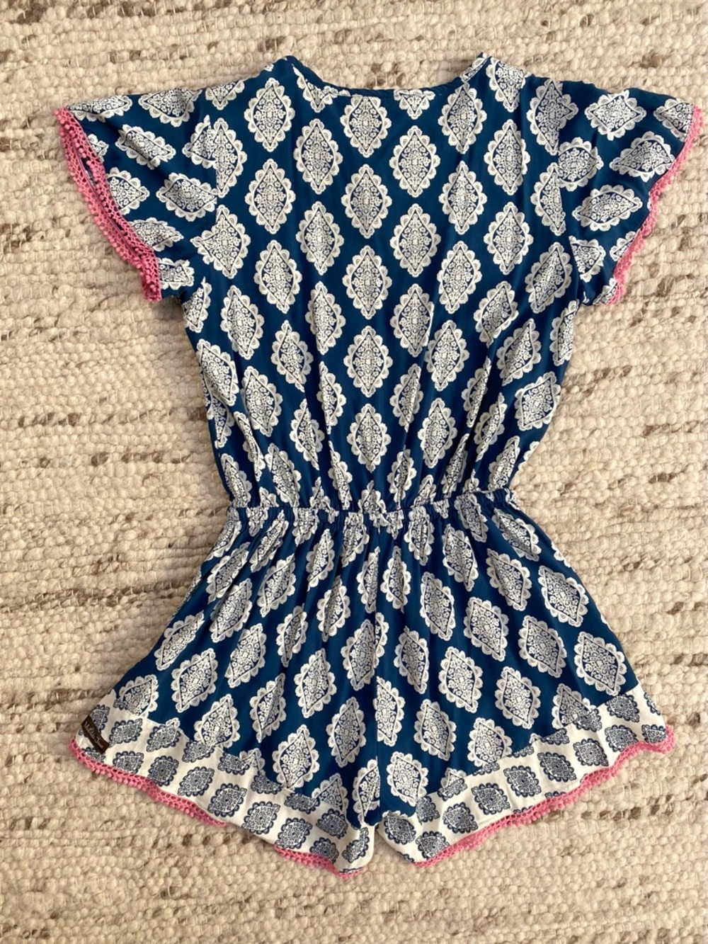 Matilda Jane Blue White Tile Print Tassel Pocket Romper, Size S - Picture 4 of 10